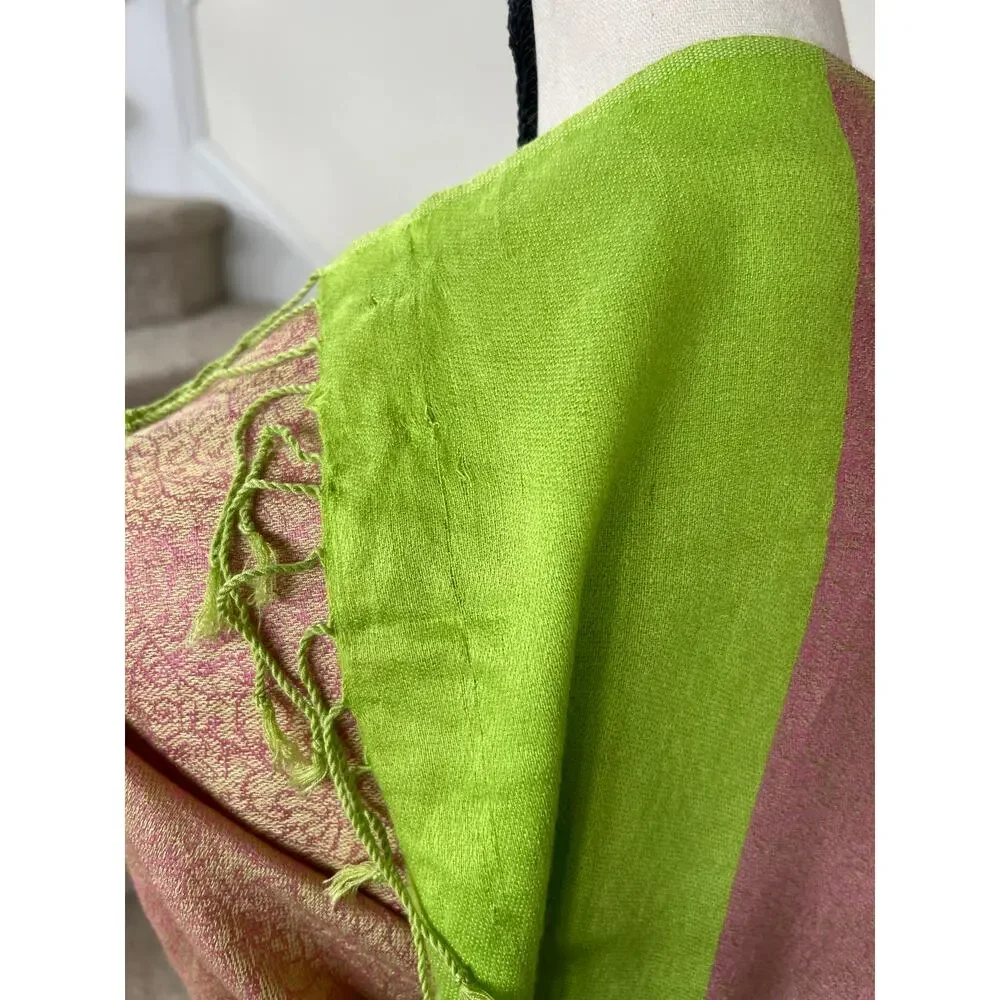 Pashmina Scarf Wrap Warm Pink & Lime Green Reversible Floral Swirl